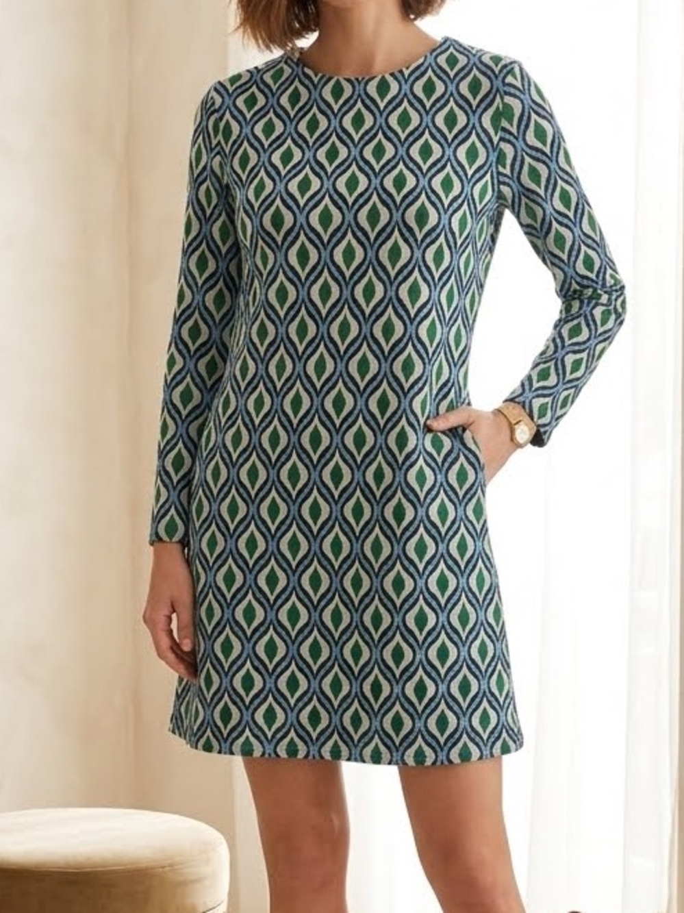 Zara Shift Dress Blue Green Ecru Black Geometric Long-Sleeve Mini Crewneck Small